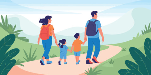 Happy family of four walking hand in hand on nature trail with hills and greenery, bonding outdoors in peaceful natural environment