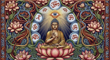Obraz premium Buddha Meditating in Lotus Pose with Third Eye and Om Symbols