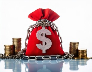 red money bag with dollar sign surrounded by coins and chains isolated background