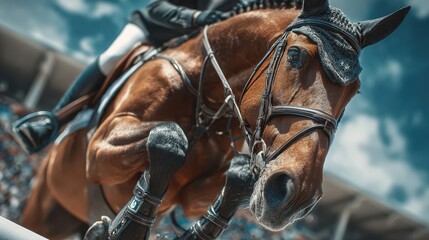Horse and rider competing in an equestrian jumping event during bright daytime at an outdoor arena