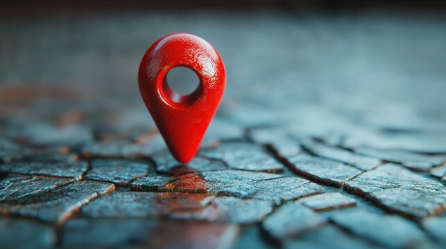 Red map pin on textured surface.  Close-up view