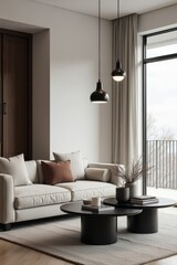 Fototapeta premium Modern Living Room Interior with Neutral Sofa, Round Tables, and Natural Light