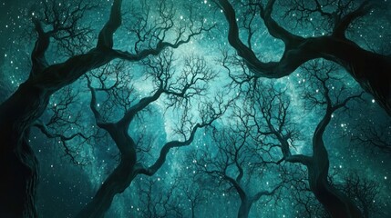 Dark trees under a starry teal sky