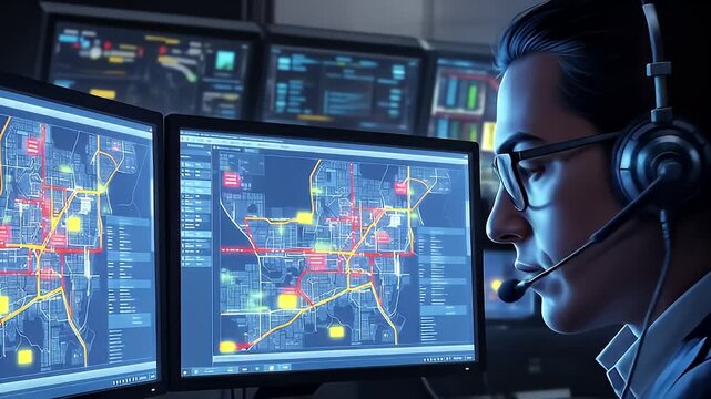 control room operator monitoring data maps