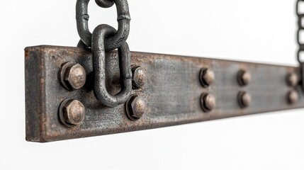 Rear close-up of chain mounting bracket on the top bar of the swing set, mechanical joints and bolts in sharp focus, professional lighting on white backdrop,