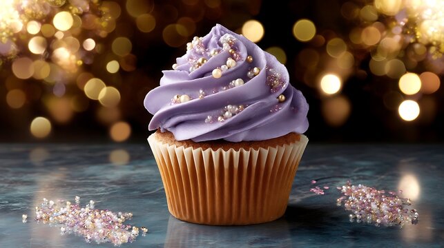 Delicious purple cupcake with sprinkles on a blurred background of golden lights - Powered by Adobe