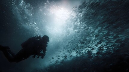 Scuba diver swimming through a swarm of fish with blurred motion