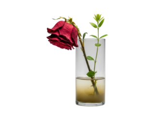 Transparent glass vase with a deeply wilted red rose and a vibrant green sprout emerging from murky water, set against a clean transparent studio background, concept of renewal and life from decay
