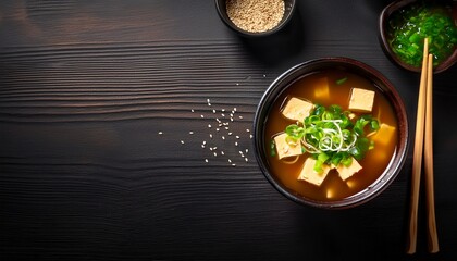healthy and tasty japanese miso soup with tofu and mungo sprout free copy space for text
