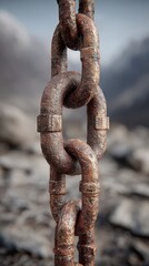 Rusty metal chain links with rough texture against a blurry mountainous backdrop