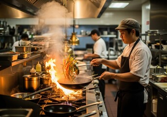 Asian chef stir frying vegetables in a hot wok with large flames in a busy commercial kitchen