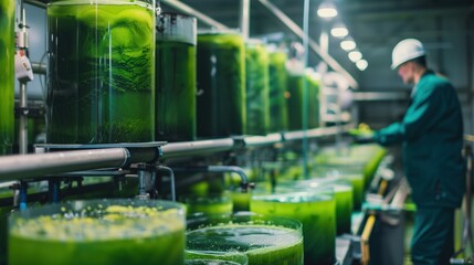 Naklejka premium Algae Cooking Oil. Algae cultivation tanks in modern biofuel facility, green microalgae cultures, industrial biotechnology setting, worker in background monitoring processes