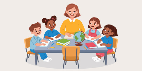 Teacher with children in classroom learning around globe, engaging geography lesson, educational interaction, books and notebooks on table