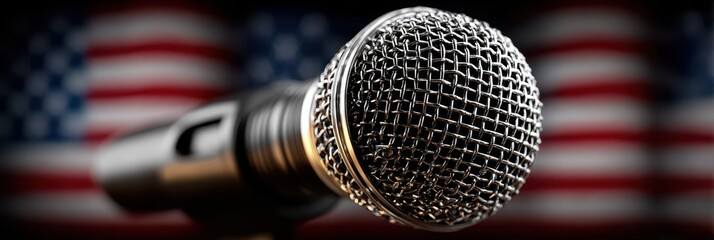 Microphone positioned in front of American flags during a political event showcasing public speaking and engagement