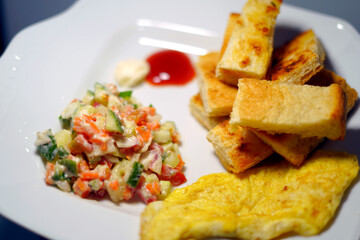vegetable salad, roasted bread slices, egg omelet, tomato sauce, mayonnaise sauce on the white dish. food photography concept
