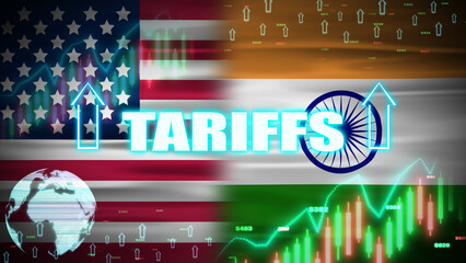 Tariffs increase animation with digital elements, India and usa waving flags. Trade war policy between usa and india concept digital animation.
