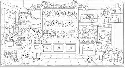 Joyful Bakery Kitchen Coloring Page with a Cute Chef and Happy Bread Characters. Fun activity for children and adults, detailed line art illustration.