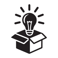 Silhouette icon of a lit light bulb rising from an open box, with radiating lines around the bulb to indicate illumination.