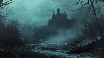 Dark, misty forest with a gothic castle