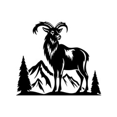 Black silhouette of a mountain goat standing proudly in a landscape