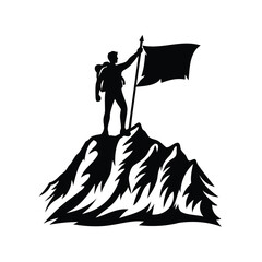Silhouette illustration of a hiker on a mountain peak holding a flag