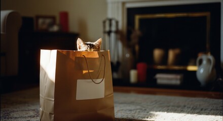 Curious tabby kitten hiding in a brown paper shopping bag at home.