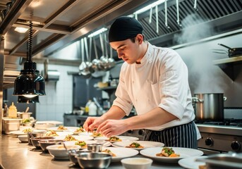 Young male chef in white uniform plating multiple dishes with precision in a modern commercial kitchen environment