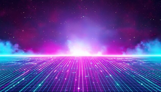 synthwave vaporwave retrowave cyber background with copy space laser grid starry sky blue and purple glows with smoke and particles