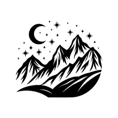 Black and White Mountain Range Under a Moonlit Sky with Stars