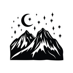 Obraz premium Black and white mountain range with crescent moon and shining stars