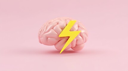 Pink human brain receiving electric impulse on pink background