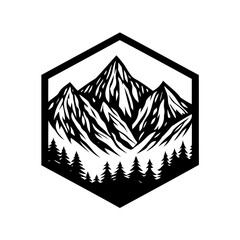 Monochrome Majestic Mountains and Forests Inside a Hexagon Shape Illustration