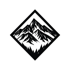 Minimalist mountain peaks icon in a diamond shape against a white background