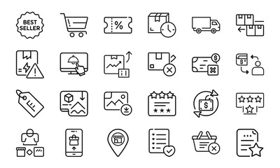 24 E-commerce and Shopping Line Icons Online Store, Delivery, Discount, Order Tracking, Product Rating, Inventory, Mobile Shopping, Payment, and Customer Review Vector Icon Set