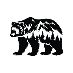 Black Bear Silhouette with Mountain and Forest Landscape Inside the Body