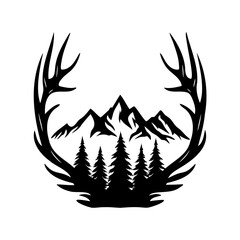 Mountains and Forest Framed by Antlers Silhouette a Wilderness Inspired Design