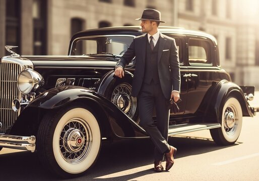 Elegant man in a dark suit and fedora hat standing by a classic black vintage car