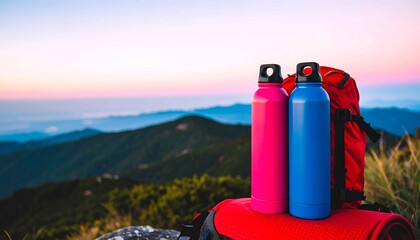 Pink and Blue colorful water bottles sit on a backpack with a breathtaking mountain landscape at sunset, an inspiring scene for hiking, travel, and adventure concepts