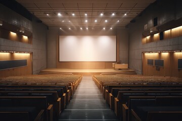 Empty Auditorium with Wooden Seats and Stage, Large Screen and Podium, Interior View