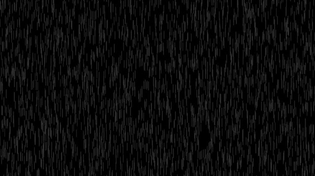 Falling raindrops footage animation in realtime on dark black background with fog, Realistic falling rain overlay with alpha channel for compositing. Heavy rainstorm hitting black.