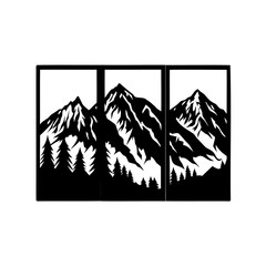 Black and White Three Panel Mountain Range Scene with Evergreen Forest