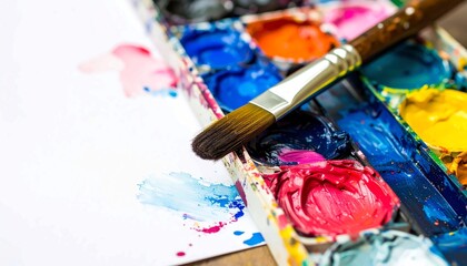 Obraz premium A well-used watercolor palette filled with vibrant paints and a paintbrush resting on it, with a white paper background, symbolizing artistic expression and creativity