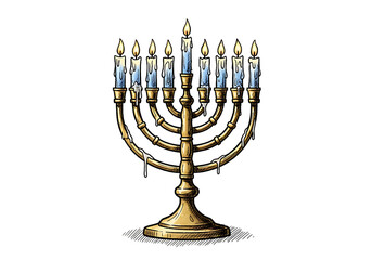 Fototapeta premium Hand-drawn Menorah with Burning Candles, Warm Festive Hanukkah Illustration, Traditional Sketch Style.