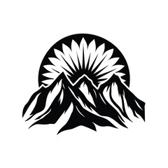 Mountain range and sun minimalist illustration logo vector with black style