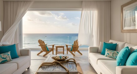 Obraz premium coastal chic suite with turquoise accent pillows, rope lighting, airy white curtains, oceanfront terrace