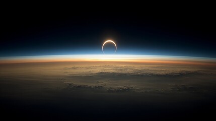 Solar eclipse captured from above the clouds, atmospheric effect, outer space scene, use for science