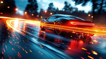 Fototapeta premium Sleek black sports car curves through a wet night. Dynamic light trails paint the road. Dark forest backdrop
