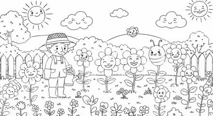 Black and white coloring page featuring a cheerful gardener watering cute, smiling flowers in a sunny spring garden.