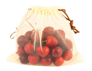 Bag of Cherries with Twine Tie, Top-Down View, Isolated on Transparent Background