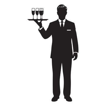 recommend clip art: Black silhouette of a man in a suit holding a tray with champagne glasses waiter tuxedo
